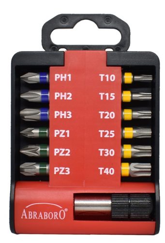 ABRABORO - 060802060013 - BIT KÉSZLET, SZÍNES  PZ1/PZ1/PZ2/PZ2/PZ2/PZ3/TX10/TX15/TX20/TX25/TX30/TX40+bitholder 58mm