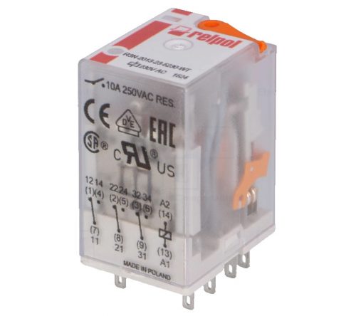 Relpol - R3N-2013-23-5230-WTL - Miniatűr ipari relé, 10A 3C/O, 230VAC, tesztkar, LED - HD Hungária - 860408