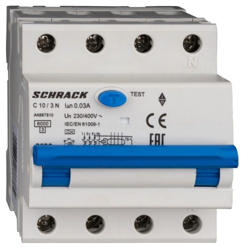 SCHRACK - AK667810 Vezetékvédő kapcsoló 3+N, AK, 6kA, C 10A, 30mA, A