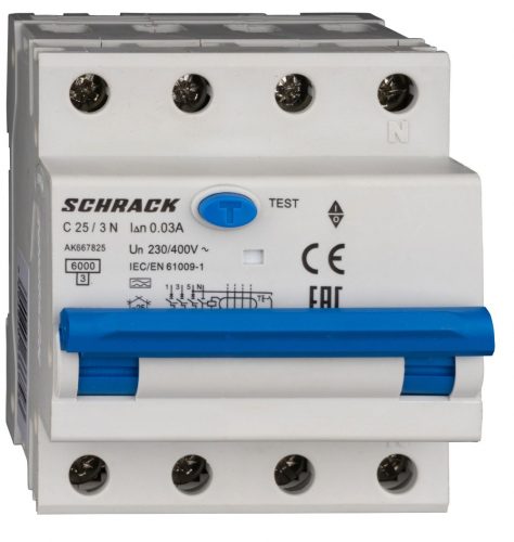 SCHRACK - AK667825 Vezetékvédő kapcsoló 3+N, AK, 6kA, C 25A, 30mA, A