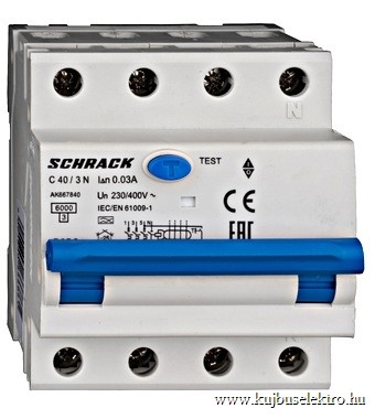 SCHRACK - AK667840 Vezetékvédő kapcsoló 3+N, AK, 6kA, C 40A, 30mA, A