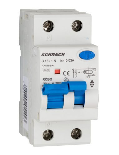 SCHRACK - AK668616 Vezetékvédő kapcsoló 1+N, AMPARO, 6kA, B 16A, 30mA, A