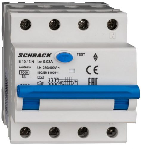 SCHRACK - AK668810 Vezetékvédő kapcsoló 3+N, AK, 6kA, B 10A, 30mA, A