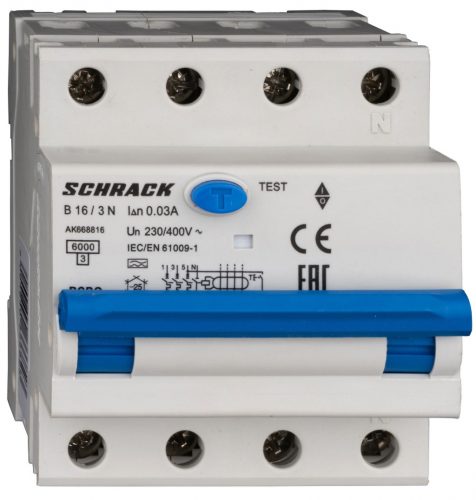 SCHRACK - AK668816 Vezetékvédő kapcsoló 3+N, AK, 6kA, B 16A, 30mA, A