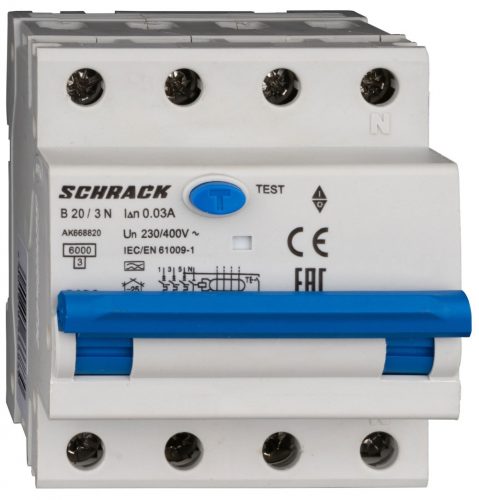 SCHRACK - AK668820 Vezetékvédő kapcsoló 3+N, AK, 6kA, B 20A, 30mA, A