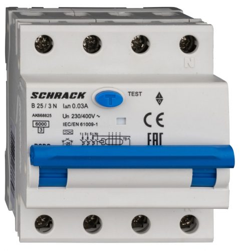 SCHRACK - AK668825 Vezetékvédő kapcsoló 3+N, AK, 6kA, B 25A, 30mA, A