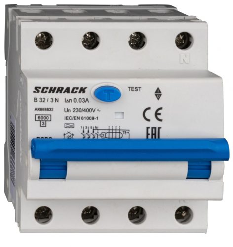 SCHRACK - AK668832 Vezetékvédő kapcsoló 3+N, AK, 6kA, B 32A, 30mA, A