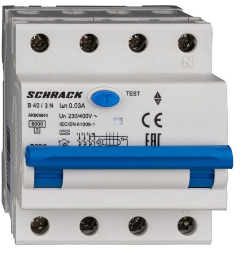 SCHRACK - AK668840 Vezetékvédő kapcsoló 3+N, AK, 6kA, B 40A, 30mA, A