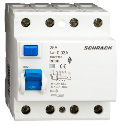 SCHRACK - AR002103 Hibaáram kapcsoló AMPARO 10kA 25A, 4 pólusú, 30mA, AC