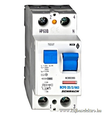 SCHRACK - BC002203 Hibaáramkapcsoló 10kA, 25A, 2 pólusú, 30mA, AC