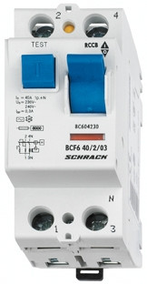 SCHRACK - BC004210 Hibaáramkapcsoló 10kA, 40A, 2 pólusú, 100mA, AC