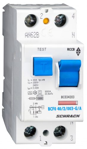 SCHRACK - BC034203 Hibaáramkapcsoló 10kA, 40A, 2 pólusú, 30mA, G/A