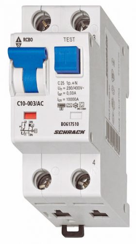 SCHRACK - BO617510 Vezetékvédő kapcsoló C 10A, 30mA, 1+N, AC, 10kA