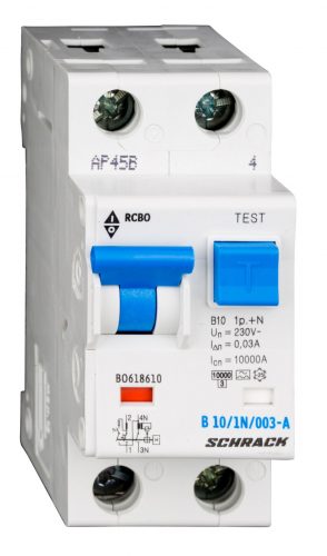 SCHRACK - BO618610 Vezetékvédő kapcsoló B 10A, 30mA, 1+N, A, 10kA