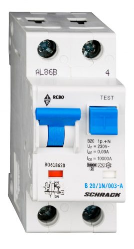 SCHRACK - BO618620 Vezetékvédő kapcsoló B 20A, 30mA, 1+N, A, 10kA