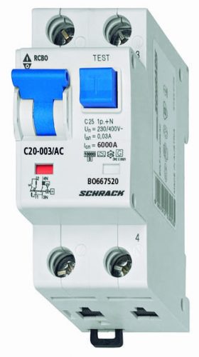 SCHRACK - BO667520 Vezetékvédő kapcsoló C 20A, 30mA, 1+N, AC, 6kA