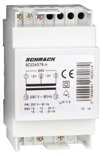 SCHRACK - BZ326578A Sorbaépíthető csengőtranszformátor 230/12-12-24V 30VA 3KE