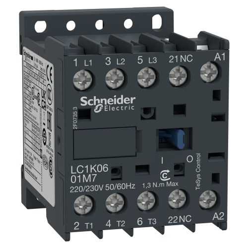 SCHNEIDER LC1K0601B5 - TeSys LC1K AC mágneskapcsoló 6A, 1 nyitó, AC, 24VAC tekercsfeszültség, 50Hz