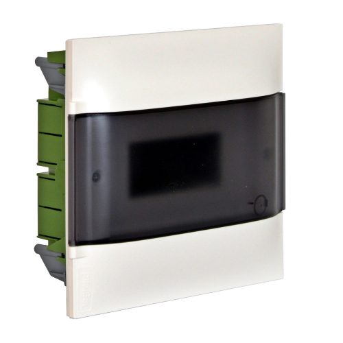 LEGRAND-134178 - PractiboxS 1 sor 8 modul, gipszkartonba süllyeszthető kiselosztó (850°C),  átlátszó füstszínű ajtóval, védőföld és nulla elosztókapoccsal