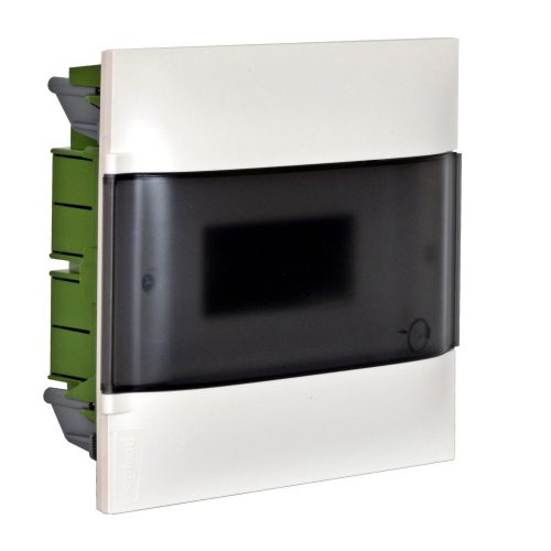 LEGRAND-135151 - PractiboxS 1 sor 12 modul, téglafalba süllyeszthető kiselosztó(650°C), átlátszó füstszínű ajtóval, védőföld és nulla elosztókapoccsal