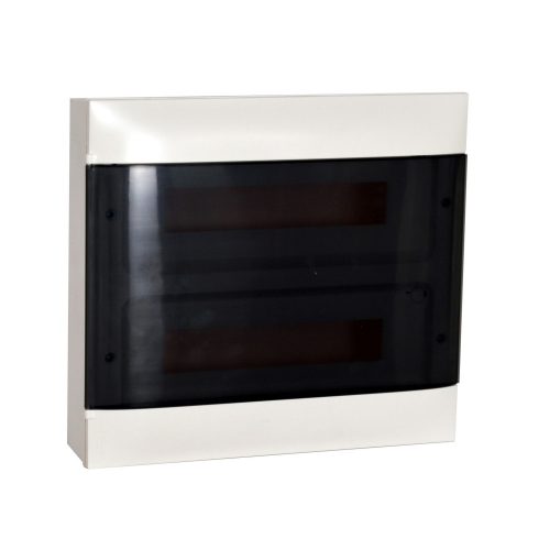 LEGRAND-137217 - PractiboxS 2 sor 18 modul, falon kívüli kiselosztó(650°C), átlátszó füstszínű ajtóval, védőföld és nulla elosztókapoccsal