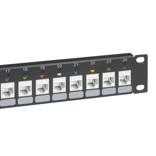 LEGRAND-632792 - LEGRAND üres keystone patch panel 1U-19" árnyékolt (STP) 24xRJ45 port fogadására fém kábeltartóval 6 színű forgatható jelölőtárcsával Linkeo