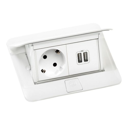 LEGRAND-654008 - Pop-up felszerelt felnyíló süllyesztett doboz 4 modul, 1x2P+F, 2xUSB (2,4A), 2 m vezeték 2P+F dugóval, fehér