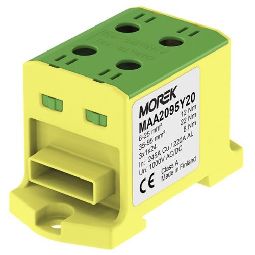 MOREK - OTL95-2B zöld/sárga, flexisínhez - Fővezetéki sorkapocs, 2xAl/Cu 6-95 mm2 / 3*1*24, 1500V, zöld/sárga - HD Hungária - MAA2095Y20