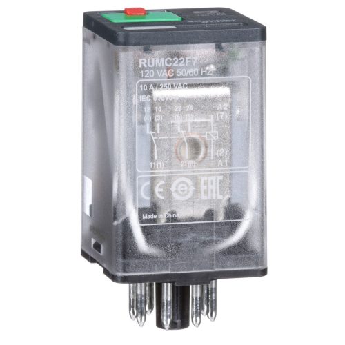 SCHNEIDER RUMC22F7 - Zelio RUM univerzális relé, hengeres, 2CO, 10A, 120VAC, tesztgomb, LED