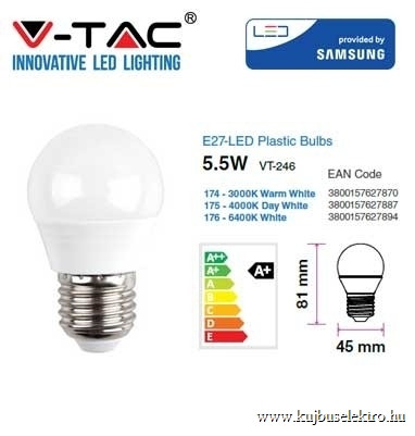 V-TAC-SKU176 - 5,5W LED izzó Samsung chip E27 G45 6400K 5 év garancia - PRO176