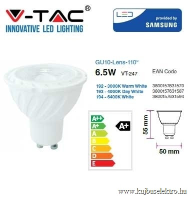 V-TAC-SKU192 - 6,5W LED spotlámpa Samsung chip GU10 lencsés 110° 3000K - PRO192