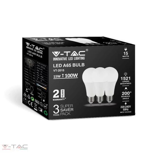 15W LED izzó E27 A65 4000K 3db/csomag - 212820 V-TAC