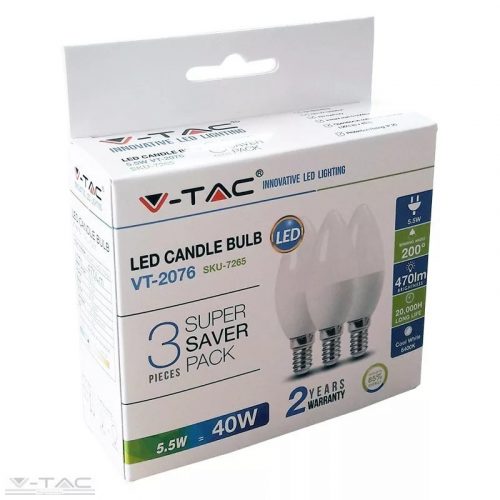 4,5W LED izzó E14 gyertya Természetes fehér 3db/csomag -  217264 V-TAC