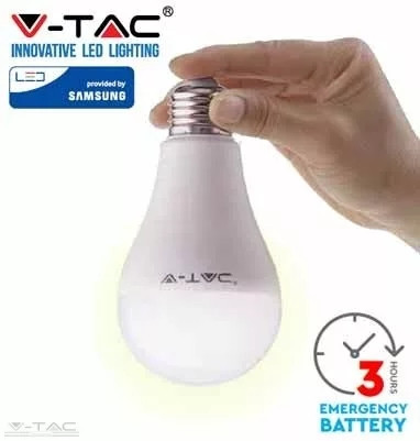 V-TAC-SKU2371 - 9W LED izzó E27 A70 beépített készenléti akkumulátorral 3000K - 2371