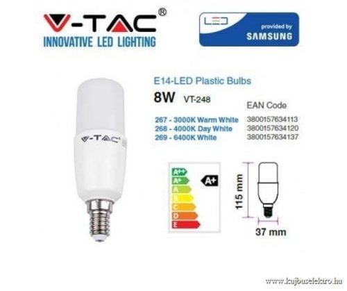 V-TAC-SKU267 - 8W LED izzó E14 T37 Samsung chip 3000K - PRO267