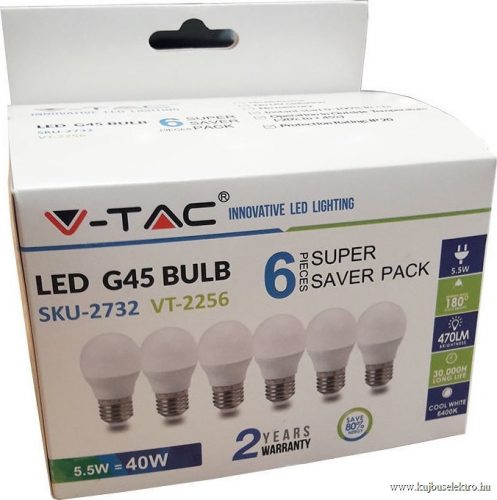 V-TAC-SKU2732 - 5,5W LED izzó E27 G45 6400K 6db/csomag - 2732