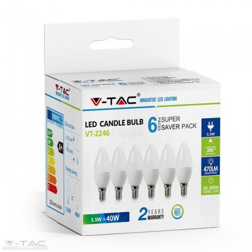 V-TAC-SKU2736 - 5,5W LED izzó E14 Gyertya 2700K 6db/csomag - 2736