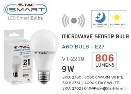 V-TAC-SKU2760 - 9W LED izzó beépített mikrohullámú mozgásérzékelővel E27 A60 3000K - 2760