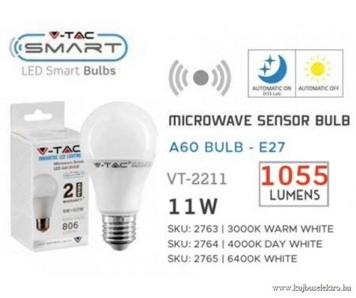 V-TAC-SKU2763 - 11W LED izzó beépített mikrohullámú mozgásérzékelővel E27 A60 3000K - 2763