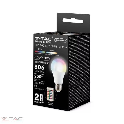 8,5W LED izzó E27 A60 RGB+4000K távirányítóval - 2928 V-TAC