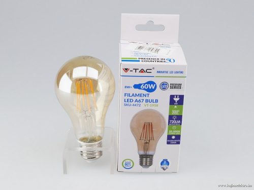 V-TAC-SKU4472 - Retro LED izzó - 8W E27 A67 Filament szabadalmi borostyán burkolat 2200K 4472