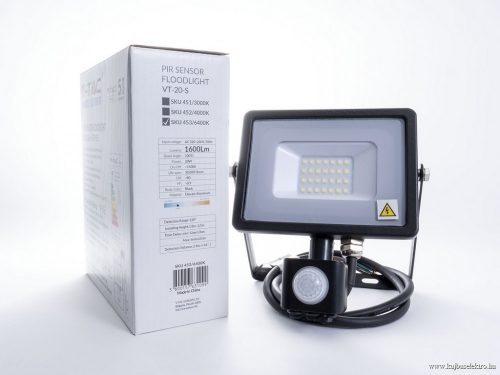 V-TAC-SKU451 - 20W Mozgásérzékelős LED reflektor Samsung chip fekete IP65 3000K - PRO451