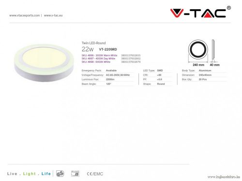 V-TAC-SKU4896 - 18W+3W Felületre szerelhető kör LED Panel 3000K - 4896