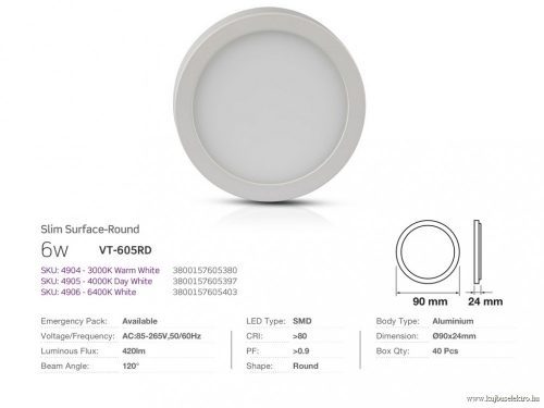 V-TAC-SKU4905 - 6W Felületre szerelhető kör LED Panel 4000K - 4905