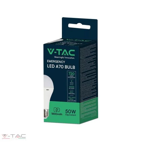 9W LED izzó E27 A70 beépített készenléti akkumulátorral 4000K - 7010 V-TAC