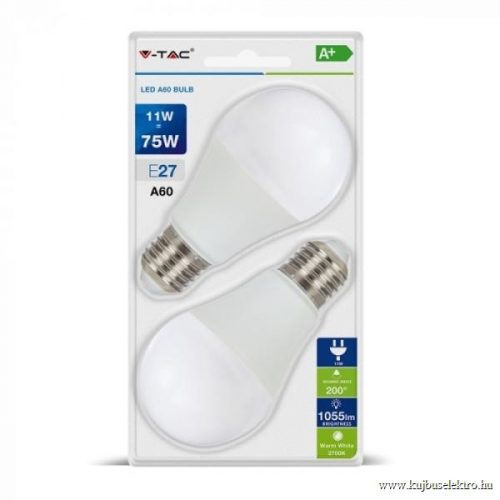 V-TAC-SKU7297 - 11W LED izzó E27 A60 2700K 2db/csomag - 7297