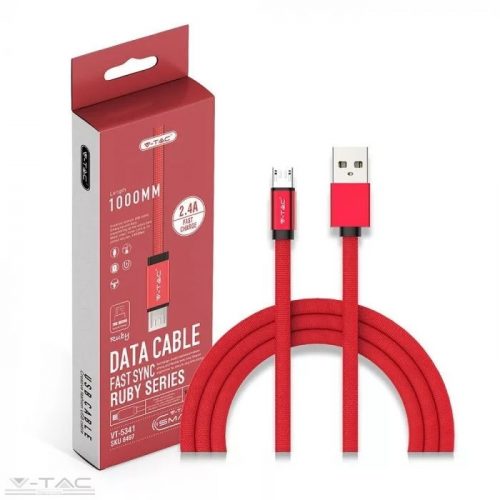 V-TAC-SKU8497 - Micro USB  szövet kábel 1m piros 2,4A Rubin széria - 8497