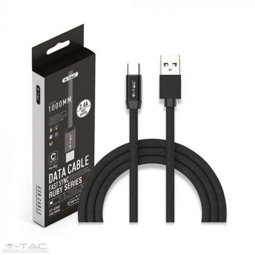 V-TAC-SKU8498 - USB  C szövet kábel 1m fekete 2,4A Rubin széria - 8498