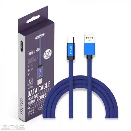 V-TAC-SKU8630 - USB C szövet kábel 1m kék 2,4A Rubin széria - 8630