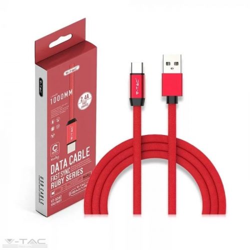 V-TAC-SKU8631 - USB C szövet kábel 1m piros 2,4A Rubin széria - 8631